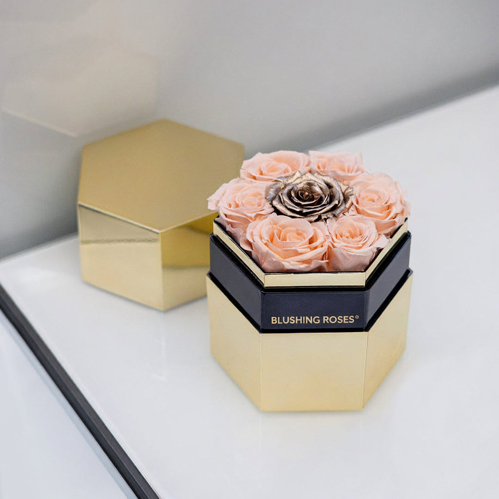 Peach & Gold Roses  | Mirrored Hexagon Gold Box | Blushing Roses
