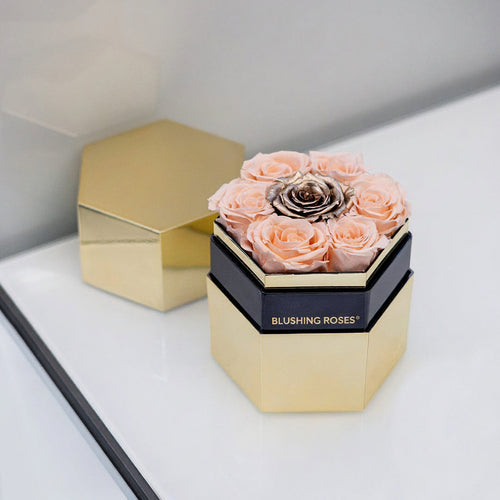 Peach & Gold Roses  | Mirrored Hexagon Gold Box | Blushing Roses