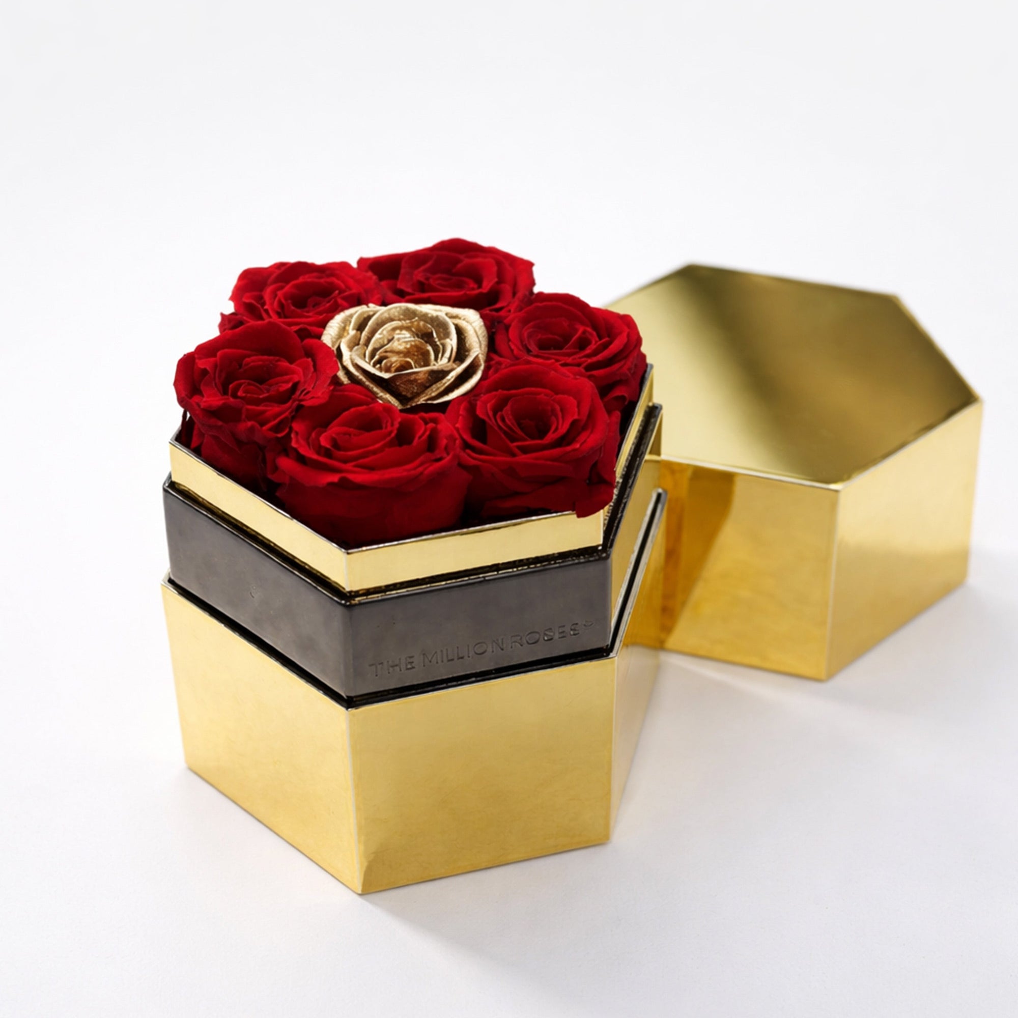 One in a Million™ Mirror Gold Hexagon Box | Red & Gold Roses