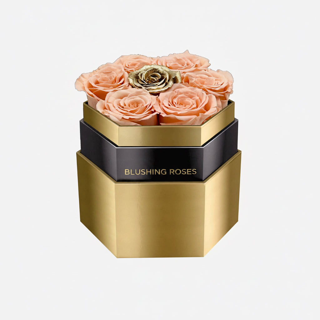 Peach & Gold Roses  | Mirrored Hexagon Gold Box | Blushing Roses