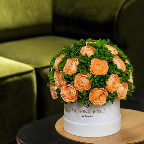 Peach Persian Buttercups & Green Hydrangeas | Classic White box | Blushing Roses