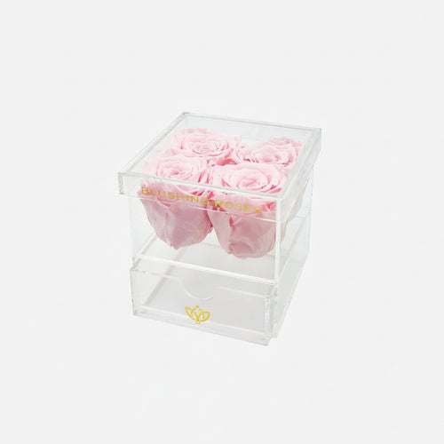     Light pink preserved rose arrangement in acrylic display box, luxury forever flowers gift for her, anniversaries, and weddings | Blushing Roses ;Clear cube box with pink roses and a gold logo on a white background