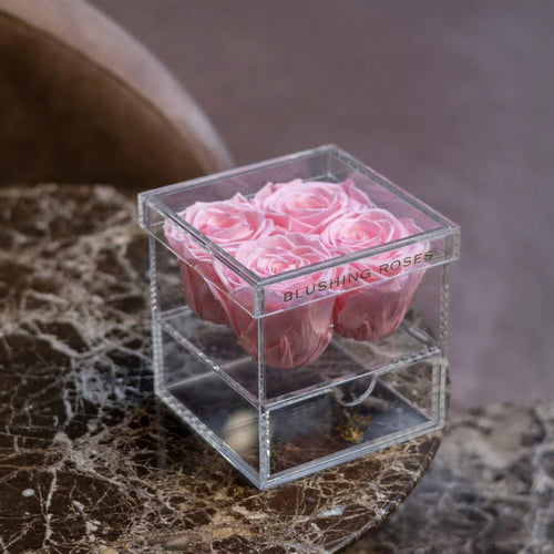     Light pink preserved roses in clear acrylic flower box, luxury forever roses gift for birthdays, anniversaries, weddings, and home décor | Blushing Roses Clear cube container with pink roses on a marble surface