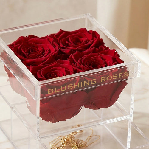 Modern acrylic rose box with red forever roses, luxury preserved flower arrangement for romantic gifts and weddings | Blushing Roses