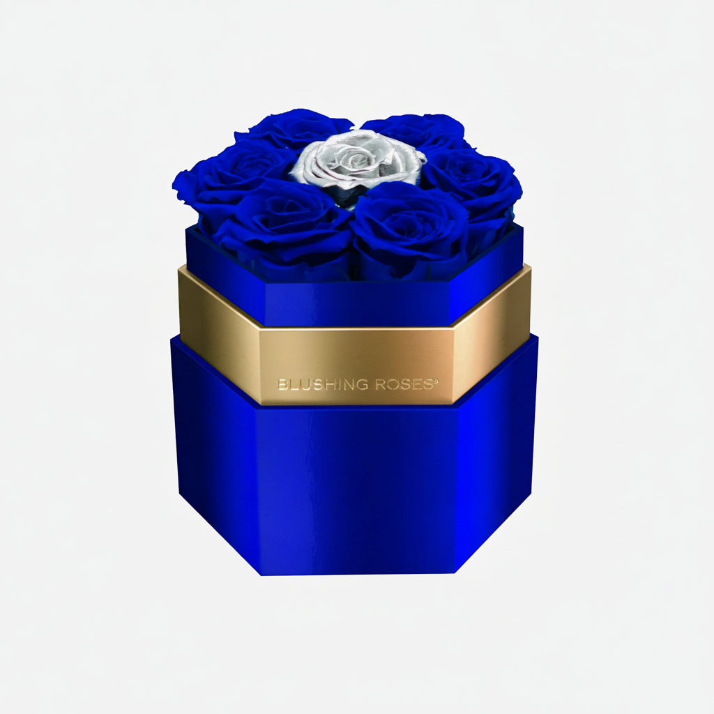 Royal blue forever roses in luxury hexagon flower box with preserved roses by blushing roses for elegant gifts and modern home decor