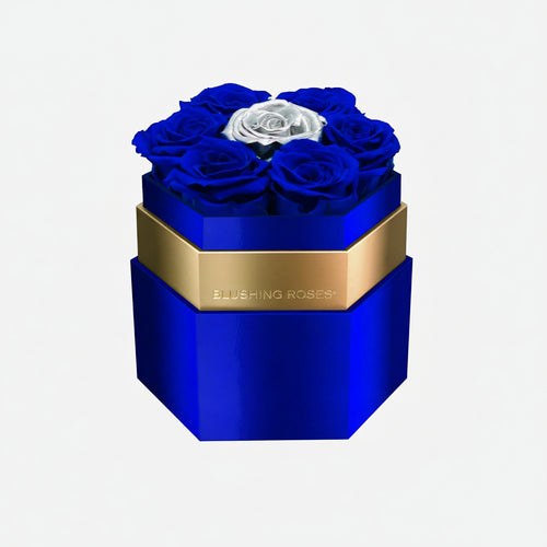 Royal blue forever roses in luxury hexagon flower box with preserved roses by blushing roses for elegant gifts and modern home decor