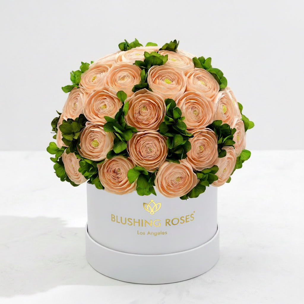 Peach Persian Buttercups & Green Hydrangeas | Classic White box | Blushing Roses