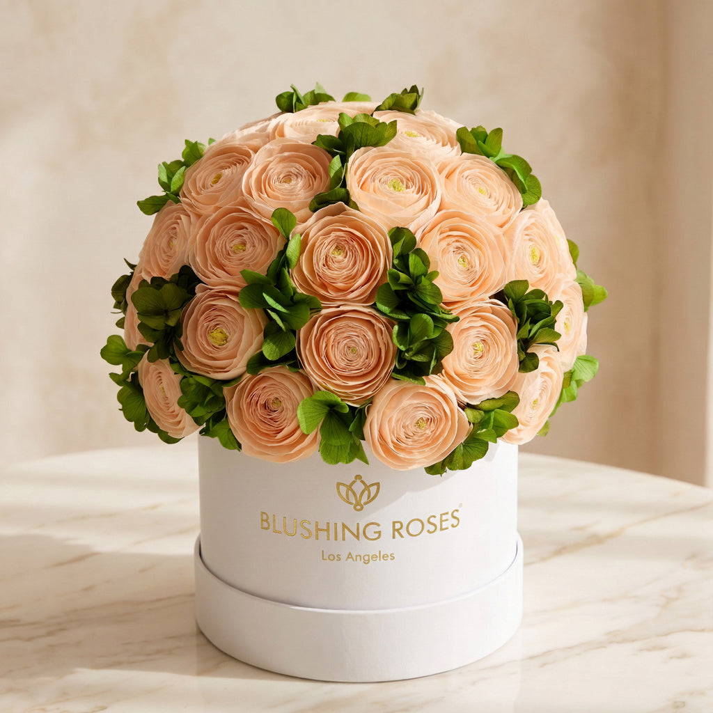 Peach Persian Buttercups & Green Hydrangeas | Classic White box | Blushing Roses