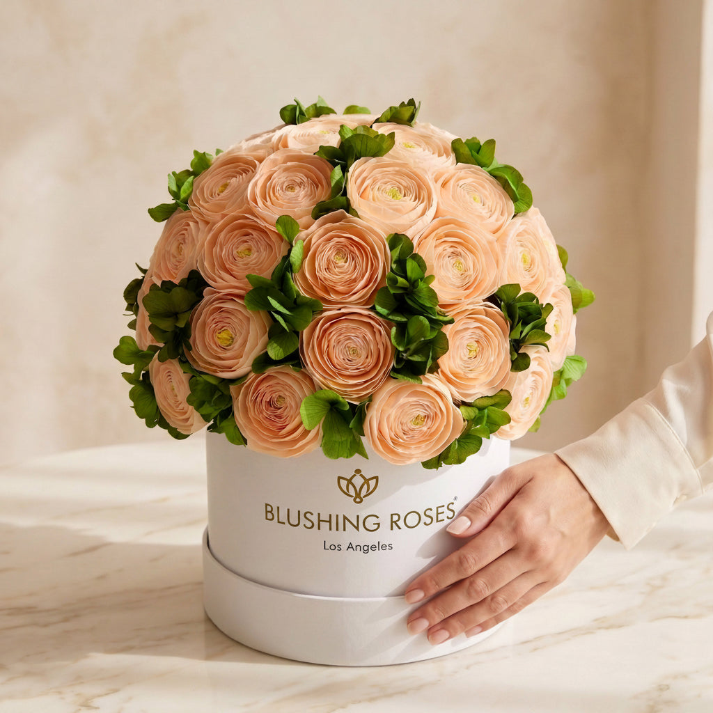 Peach Persian Buttercups & Green Hydrangeas | Classic White box | Blushing Roses