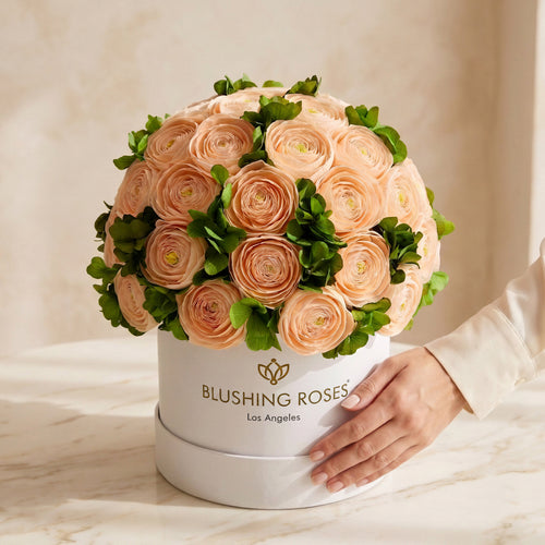 Peach Persian Buttercups & Green Hydrangeas | Classic White box | Blushing Roses